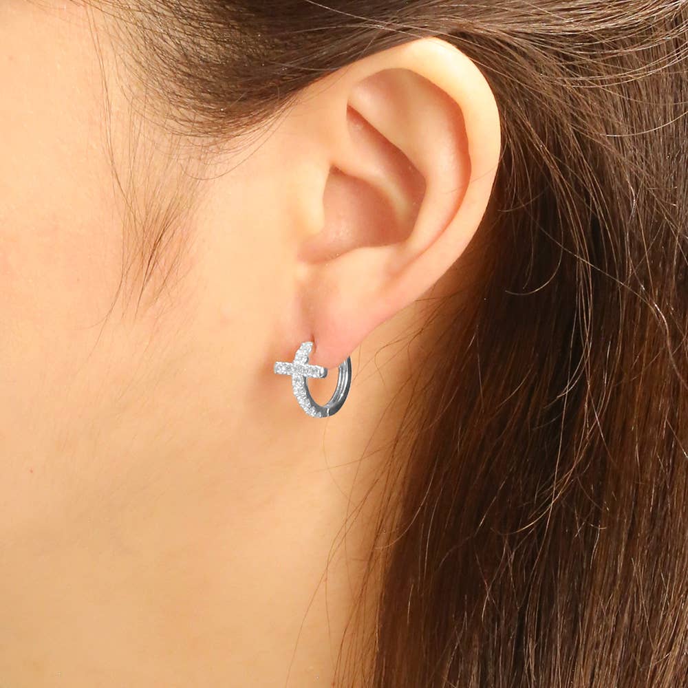 14K Gold Dipped CZ Stone Paved Cross Huggie Hoop Earrings