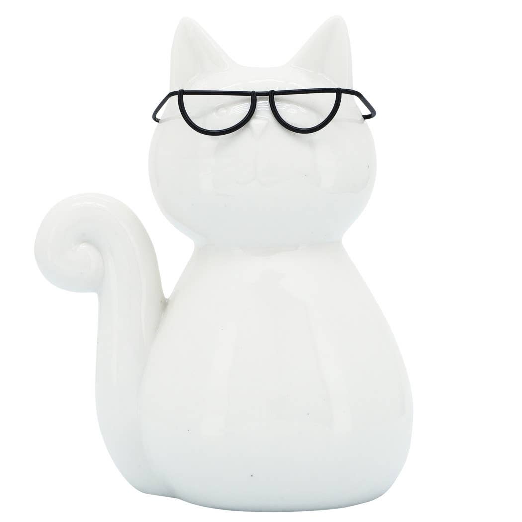 Ceramic Modern Kitty with Glasses Figurine - White, 8 in.