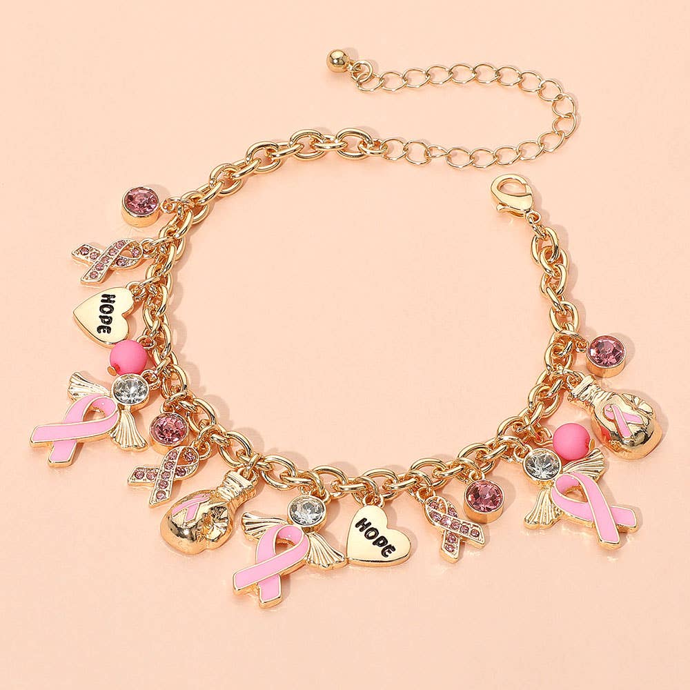 Awareness Pink Ribbon Inspirational Heart Message Charm Station Bracelet