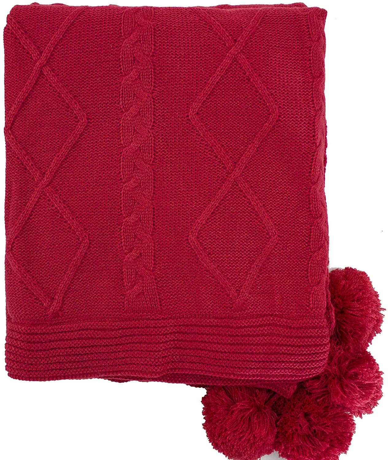 Red Luxe Faux Fur Cable Knit Pom Pom Throw Blanket