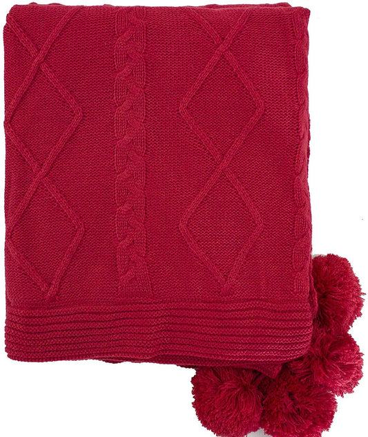 Red Luxe Faux Fur Cable Knit Pom Pom Throw Blanket