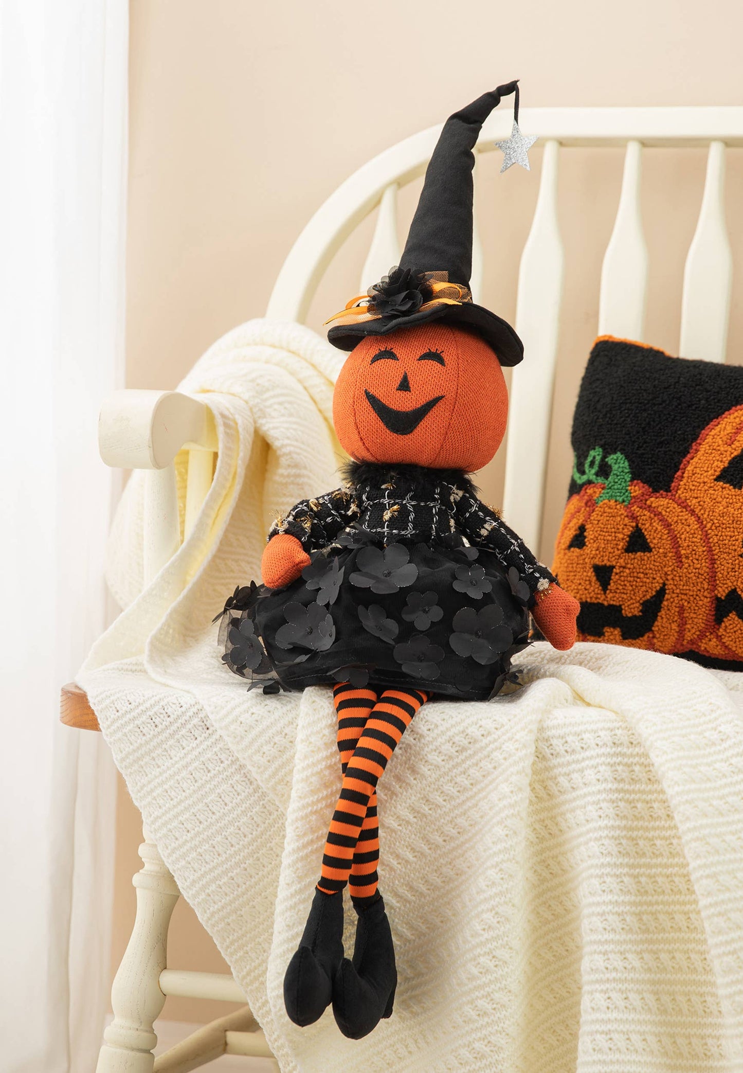 30"H Halloween Fabric Dressed Pumpkin Sitter