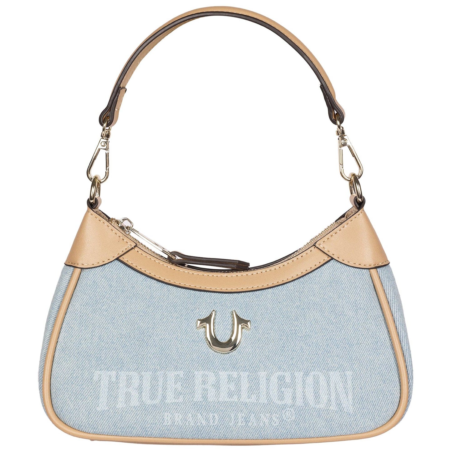 True Religion Blair Denim & PU Shoulder Bag – Logo Denim Mini Shoulder Bag with Detachable Strap (Denim)