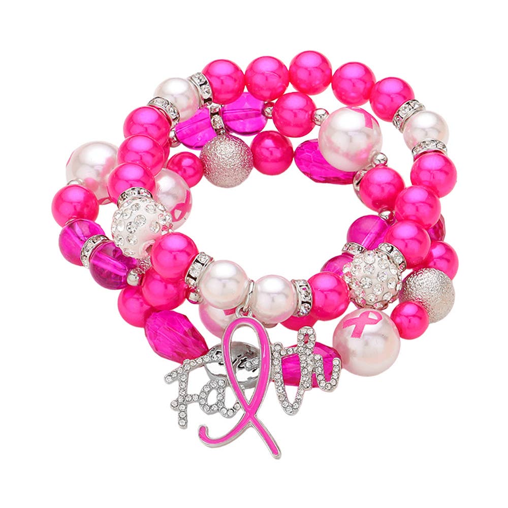 3PCS - Paved Pink Ribbon FAITH Charm Shamballa Bracelets