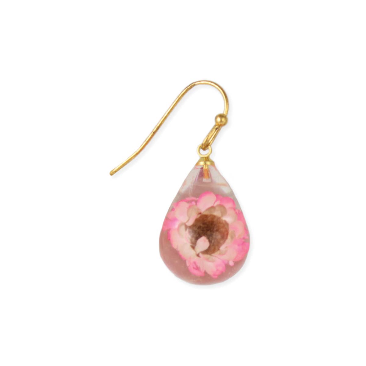Pink Dried Flower Clear Teardrop Earrings