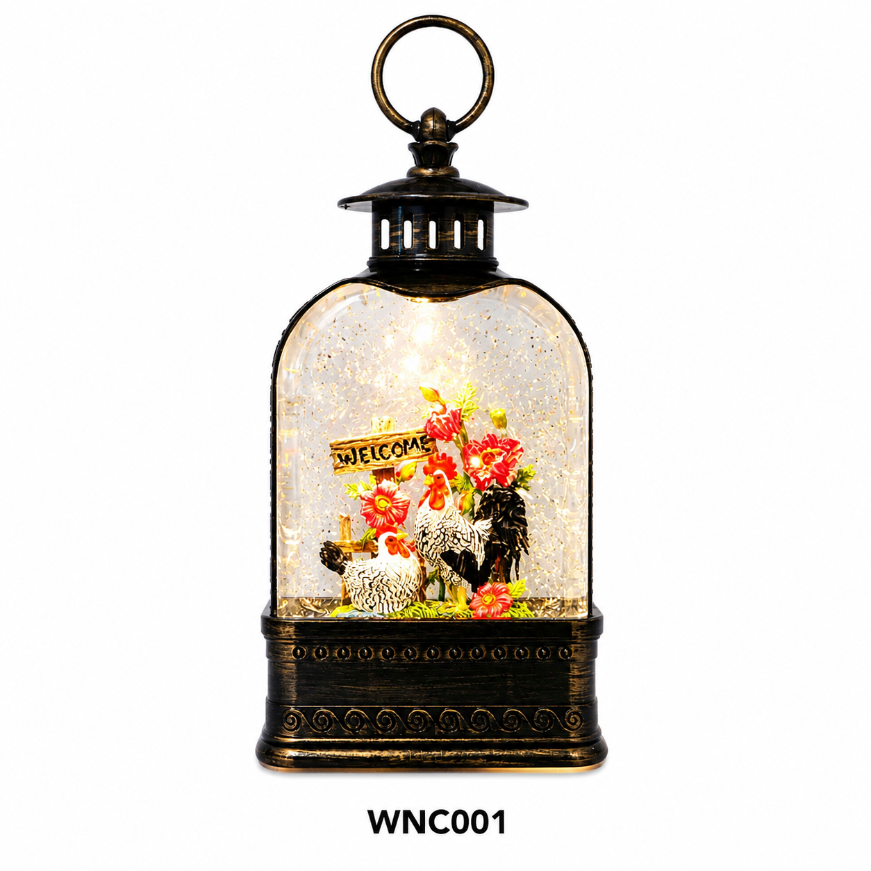 9.5” B/O Lighted Glitter Lantern, Rooster