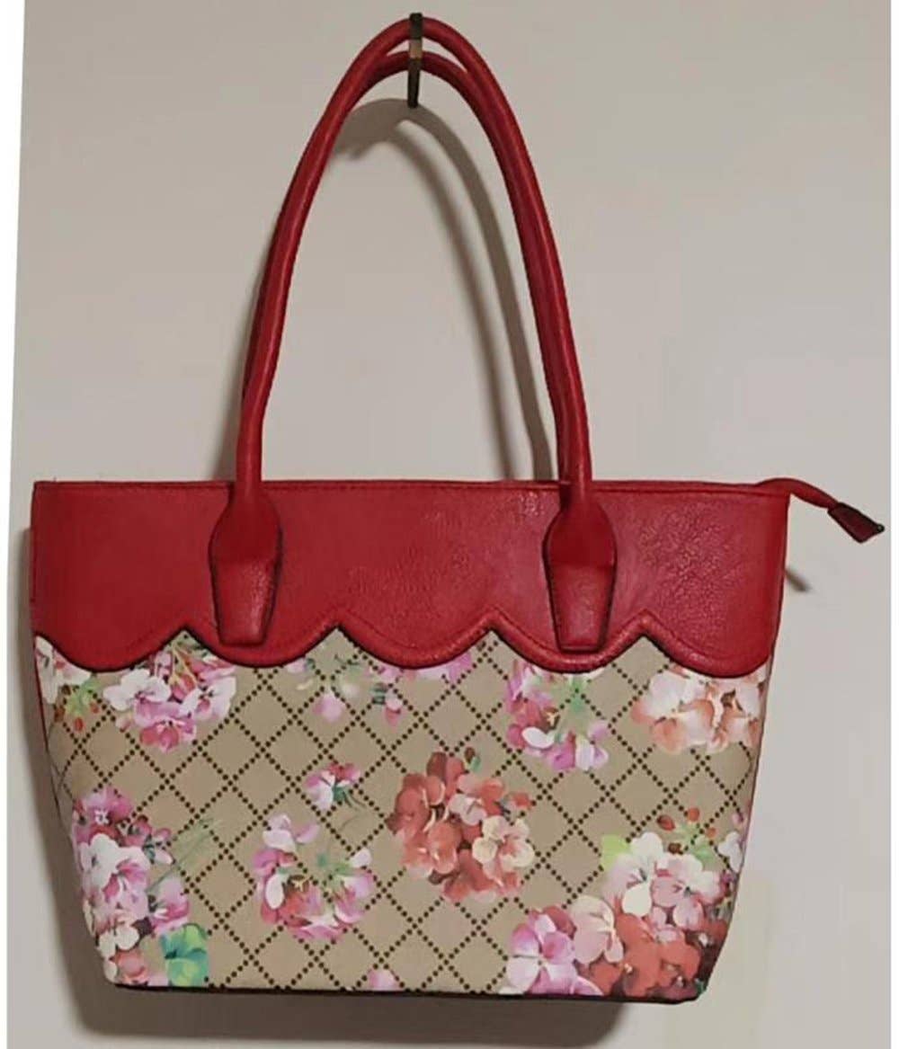 7356 Floral Print Two Color Faux Leather Bag