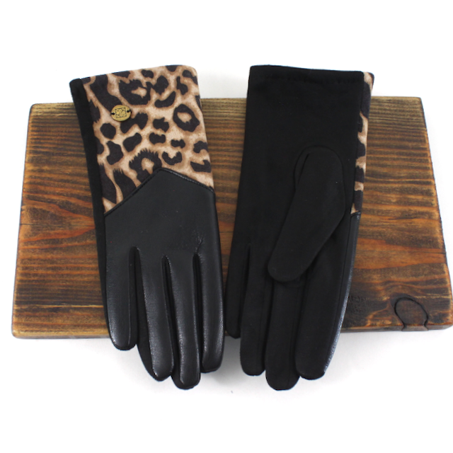 A26002 Faux Leather Leopard Contrast Gloves
