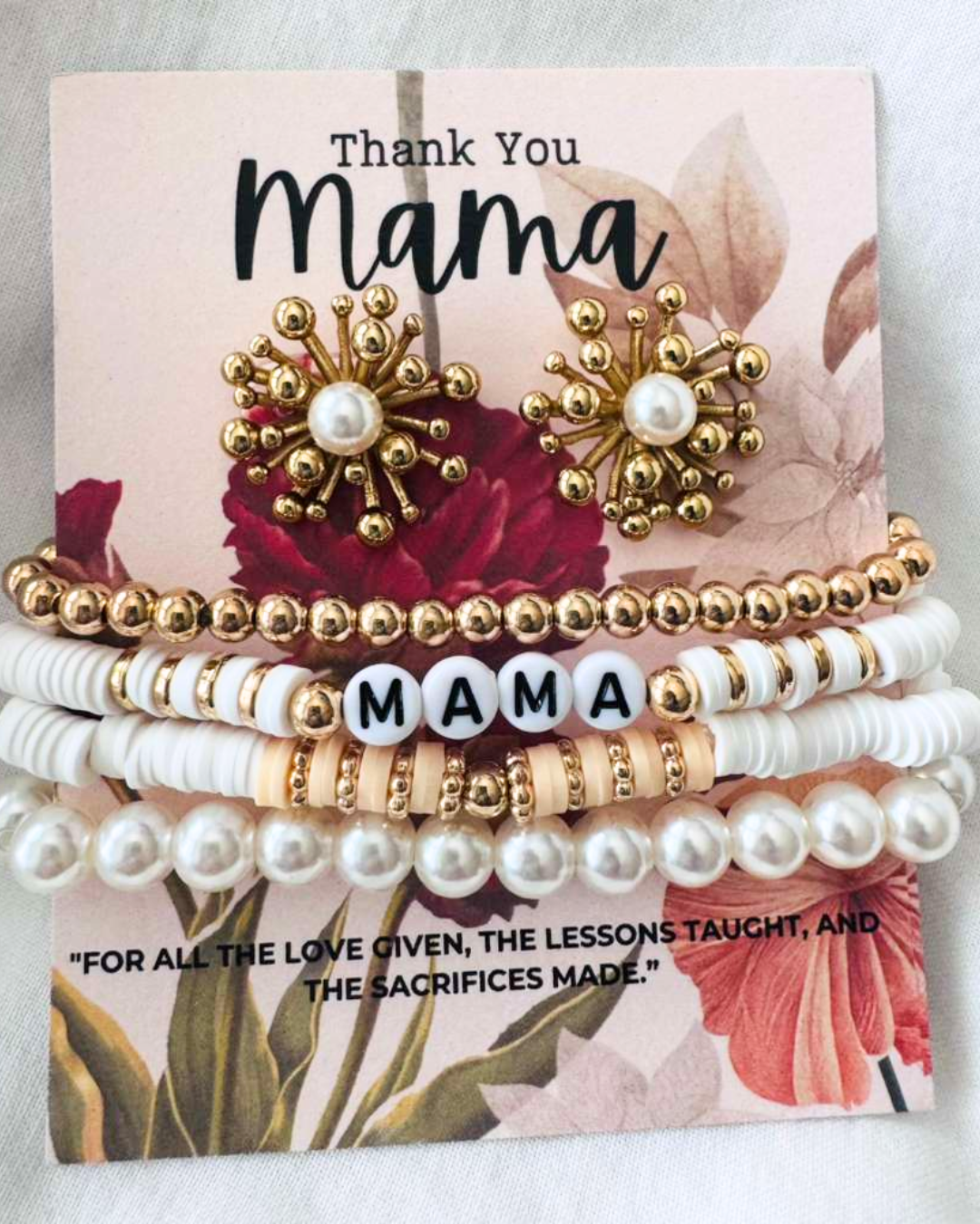Mama Flower Pearl Earring & Stack Beads Bracelet Set Peach & White-W