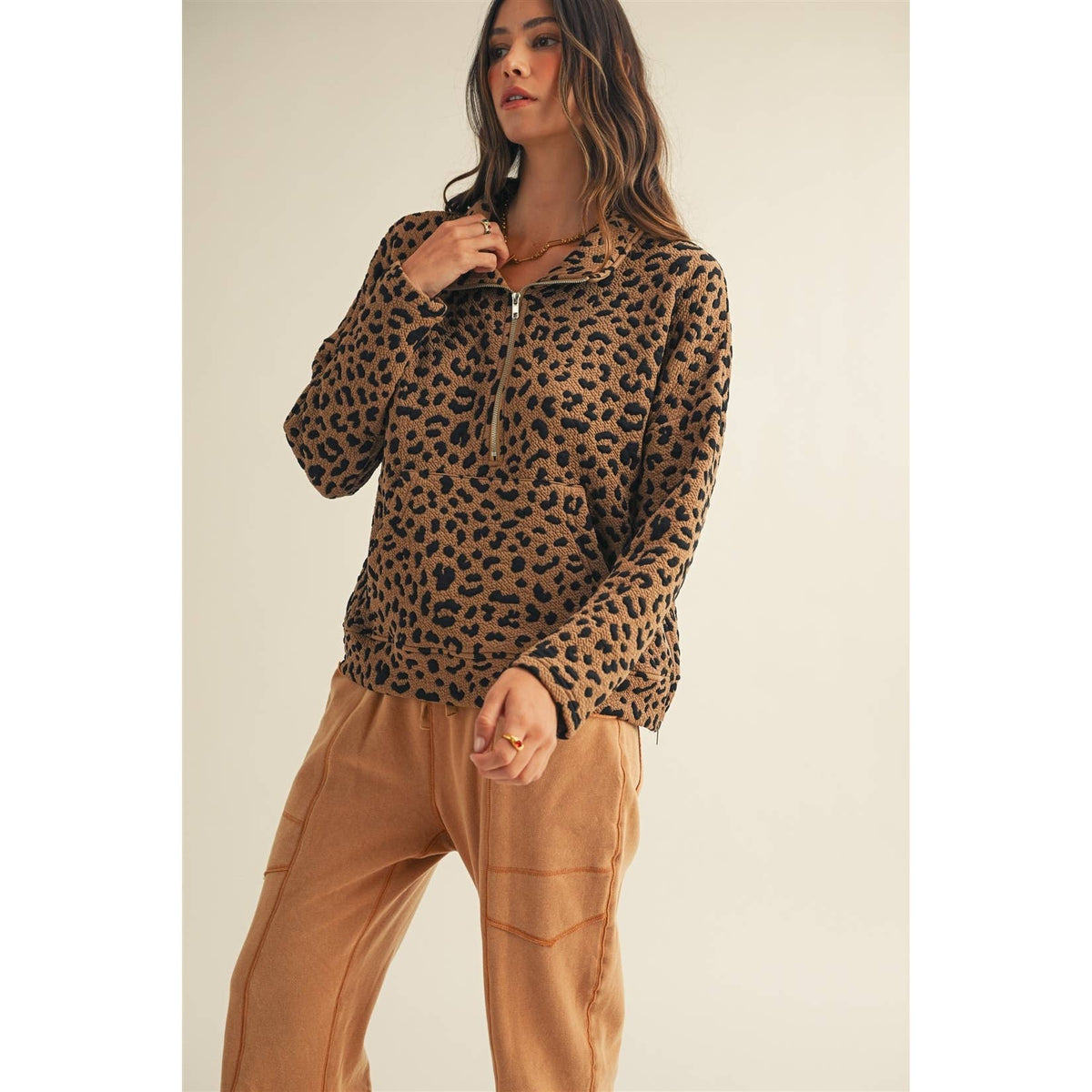 Leopard Loose Fit Zipper Pullover Top