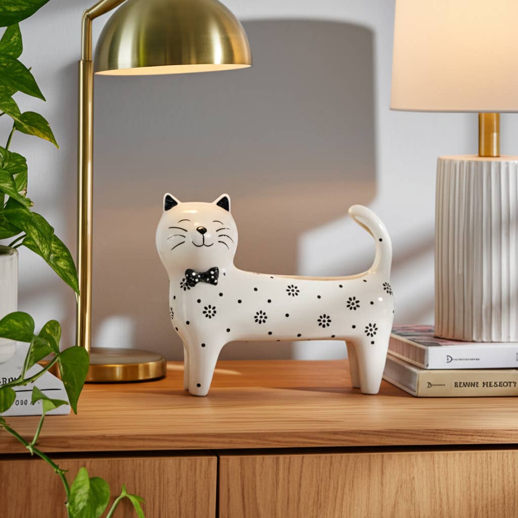 Ceramic Daisies Cat with Bowtie Figurine - White, 7 in.