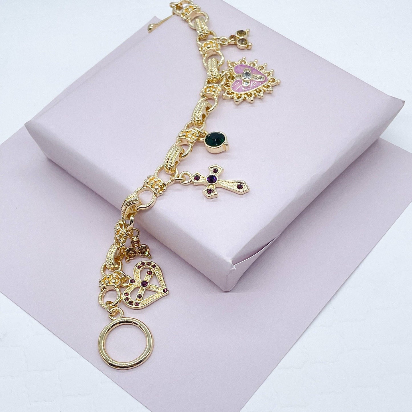 18k Gold Filled Protection Bracelet Featuring Enamel Charms,