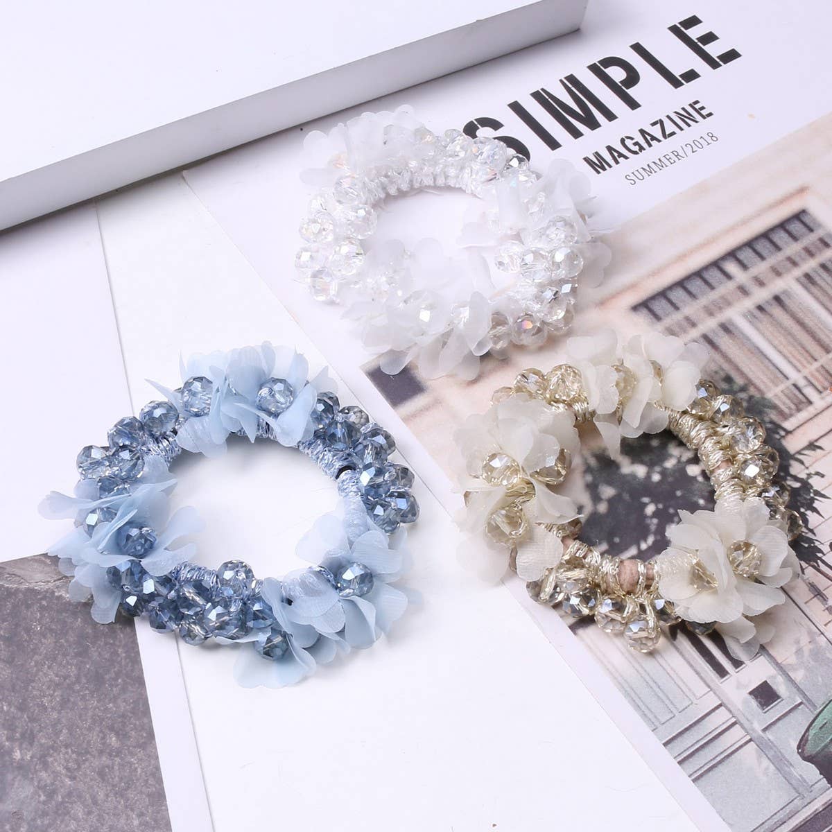Cute Crystal Heart Organza Elastic Hair Tie_CWAHA6862