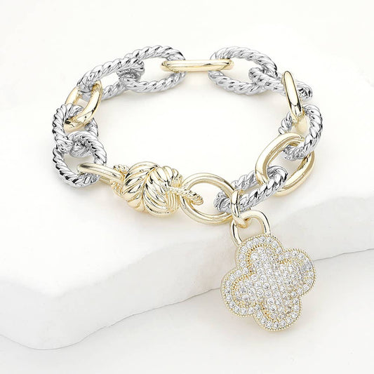 14K Gold Two Tone CZ Mother Of Pearl Quatrefoil Bracelet