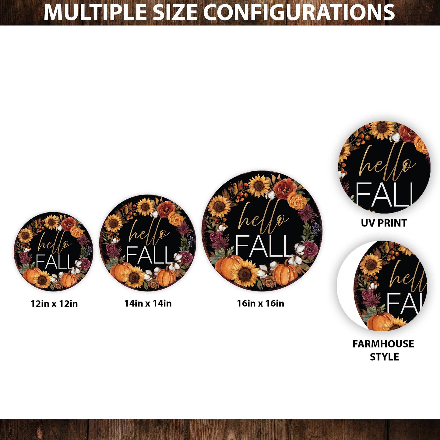 Hello Fall Door Hanger – Round 12–16in Wood Sign, UV Print Autumn Floral Pumpkin Wreath Decor for Front Door or Wall
