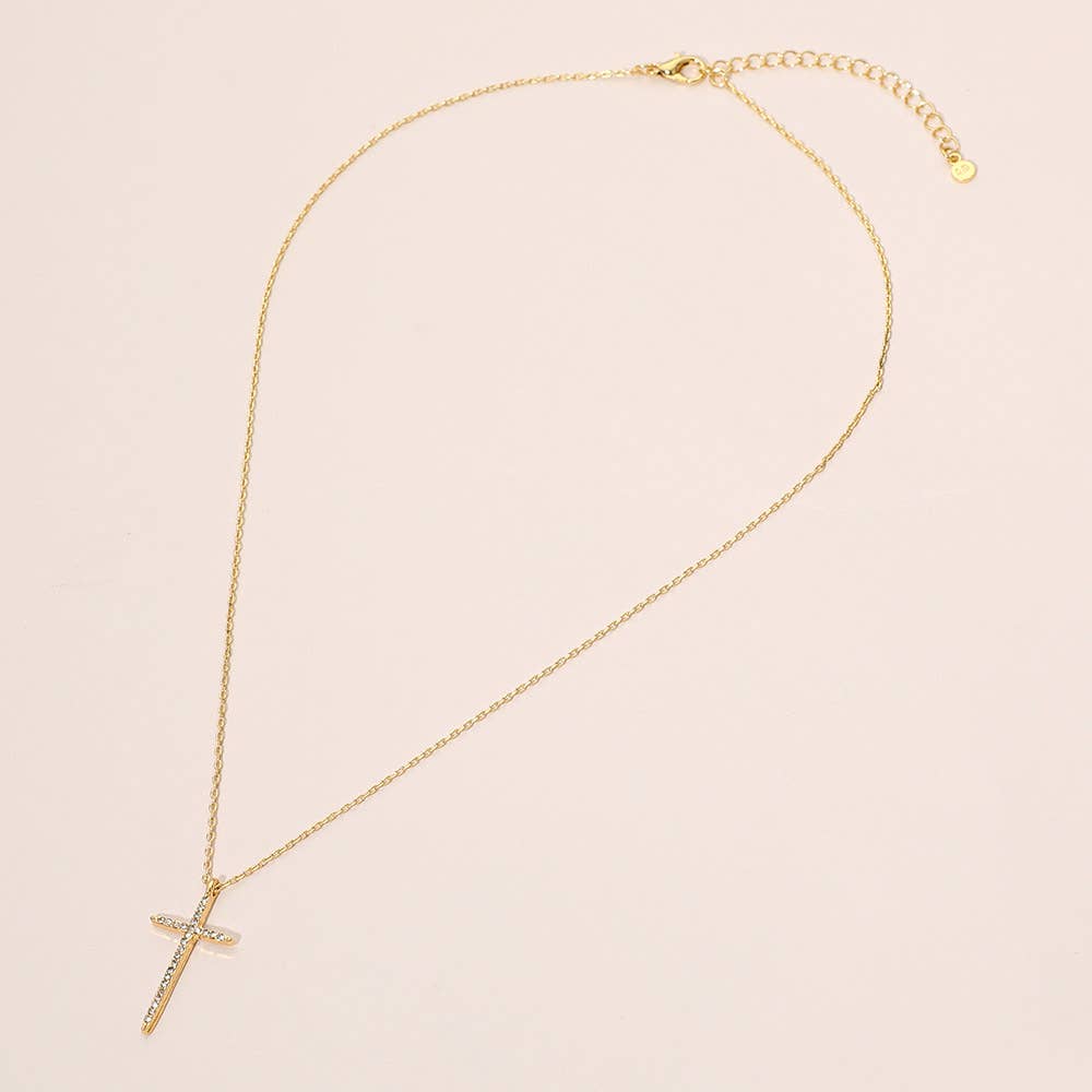 SECRET BOX_14K Gold Dipped Stone Paved Cross Pendant Necklace