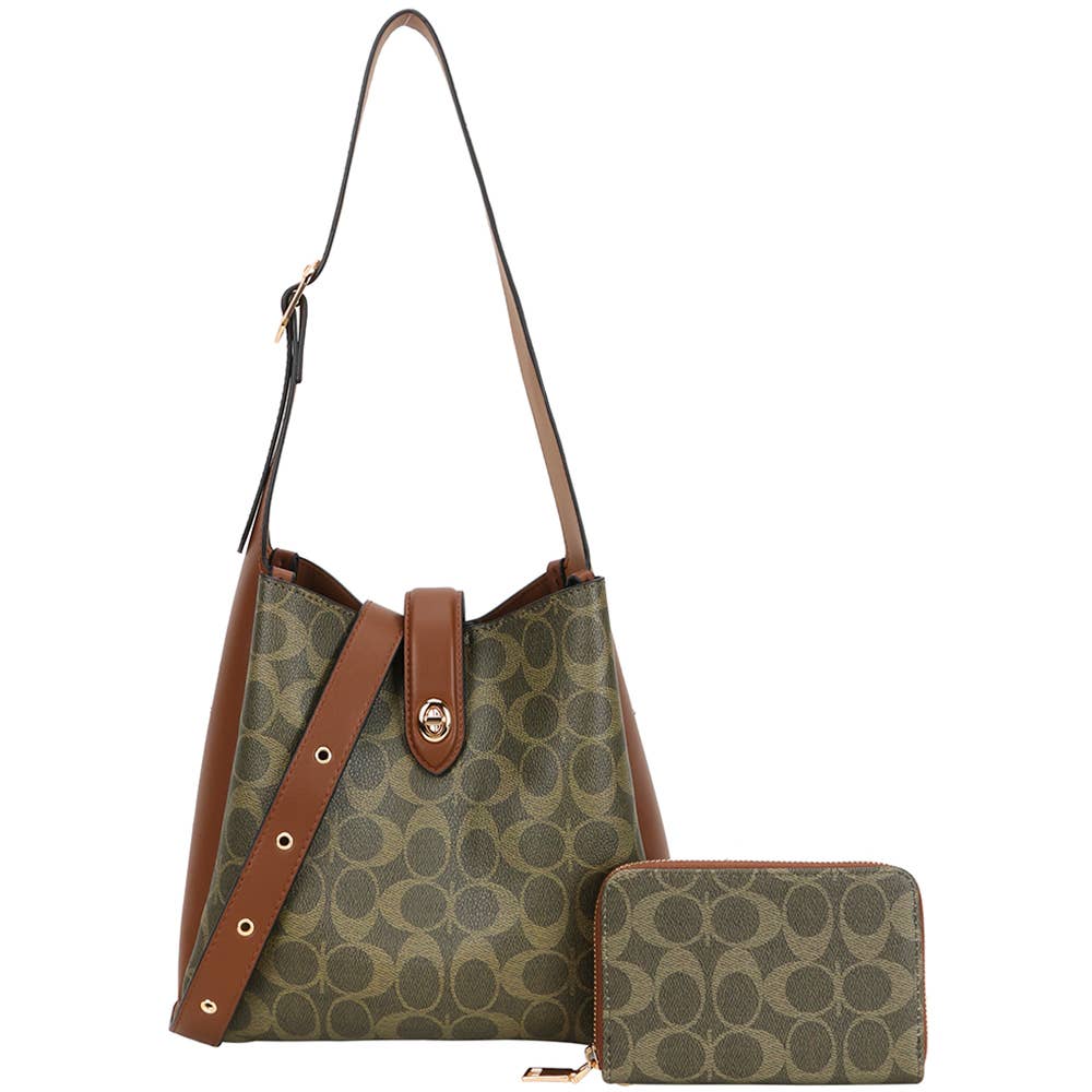 2IN1 OVAL PRINT SHOULDER HOBO BAG W WALLET SET, QFT 1327A
