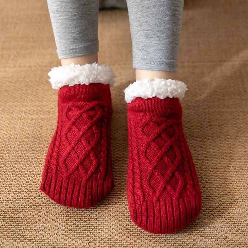Adults Solid Color Knitted Fleece Lining Thick Warm Non-Slip Indoor Socks