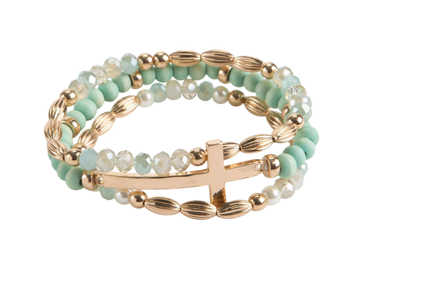 3 row wood and crystal bead cross bracelet, 4 assorted