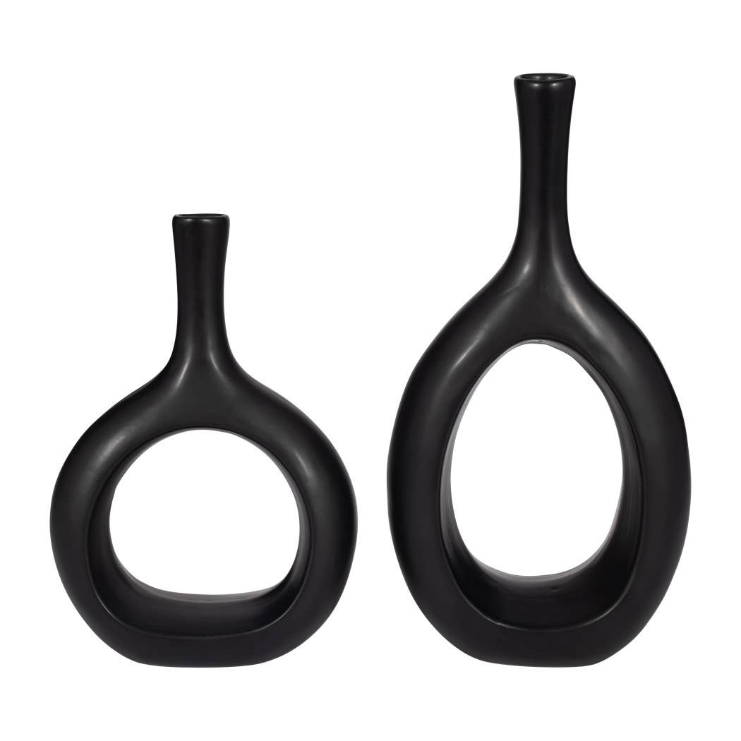 Ceramic Round Curved Open Cut-Out Vase - Black, 12 in.