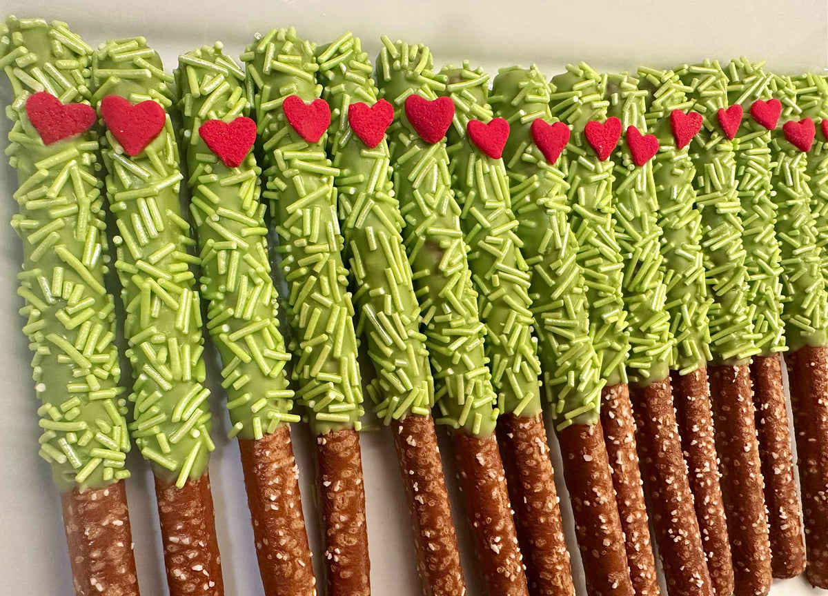 Holiday Green Sprinkle Chocolate Covered Pretzel Rods