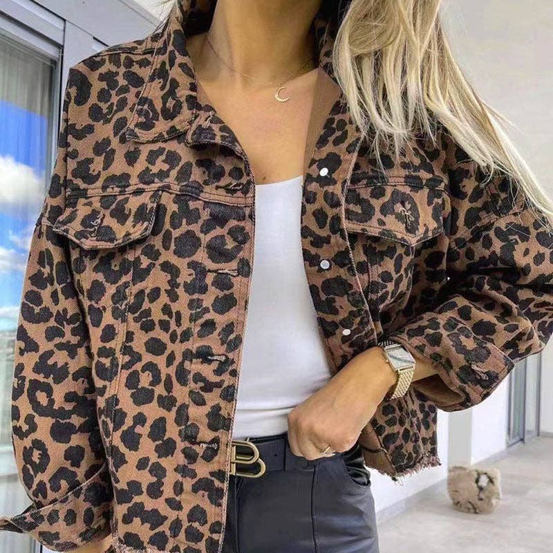 Women Fashion Leopard Print Denim Jacket