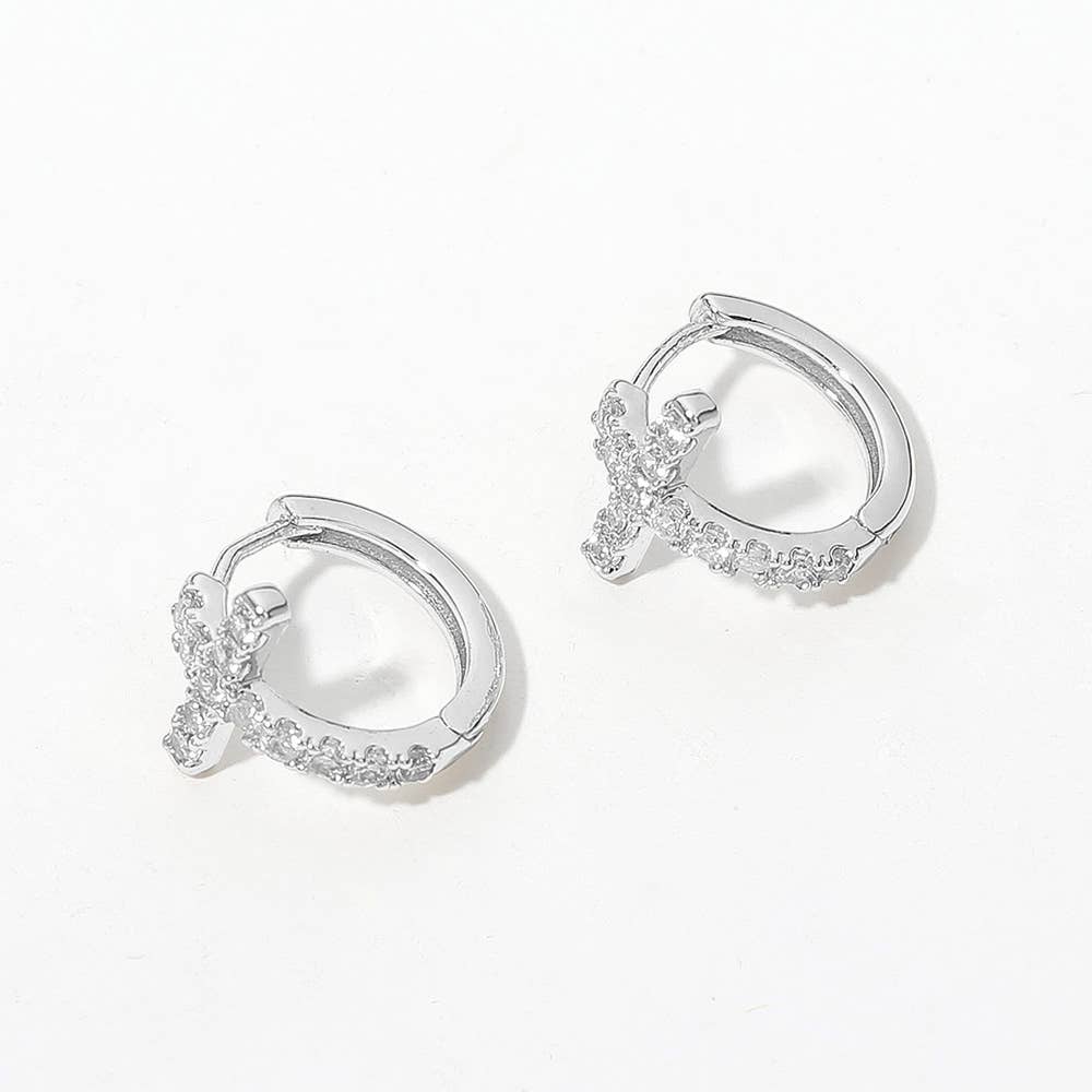 14K Gold Dipped CZ Stone Paved Cross Huggie Hoop Earrings