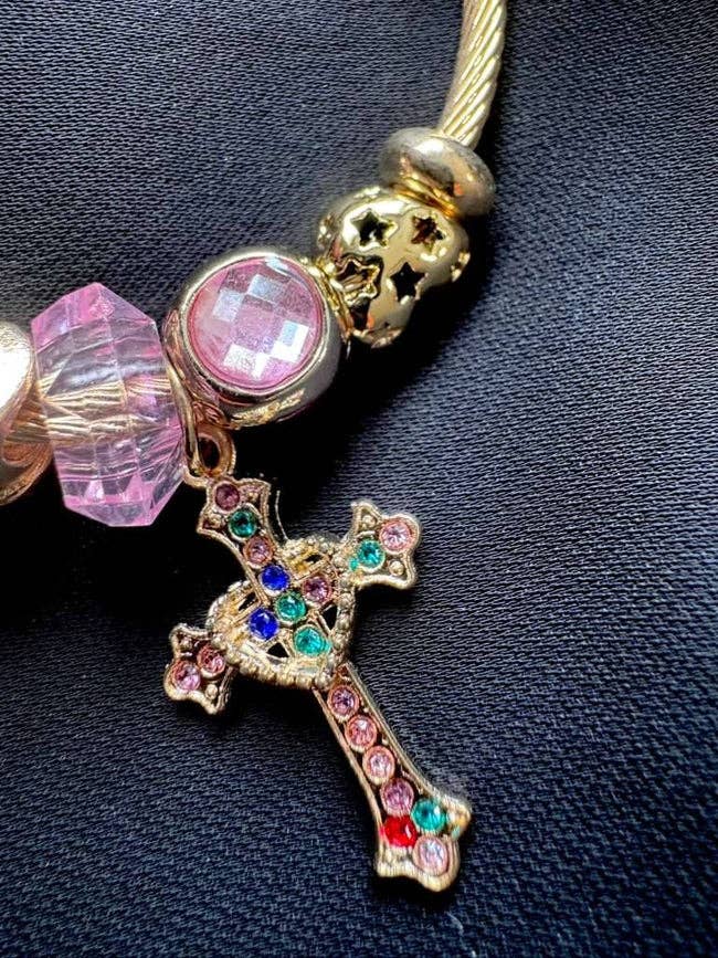 Pink Big Crystal & Faith Cross Charm Statement Bracelets-W