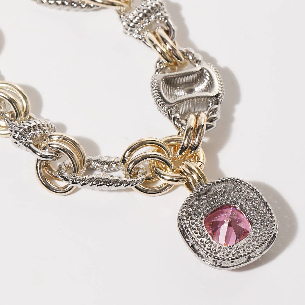 Two Tone Pavé Square Charm Toggle Link Bracelet