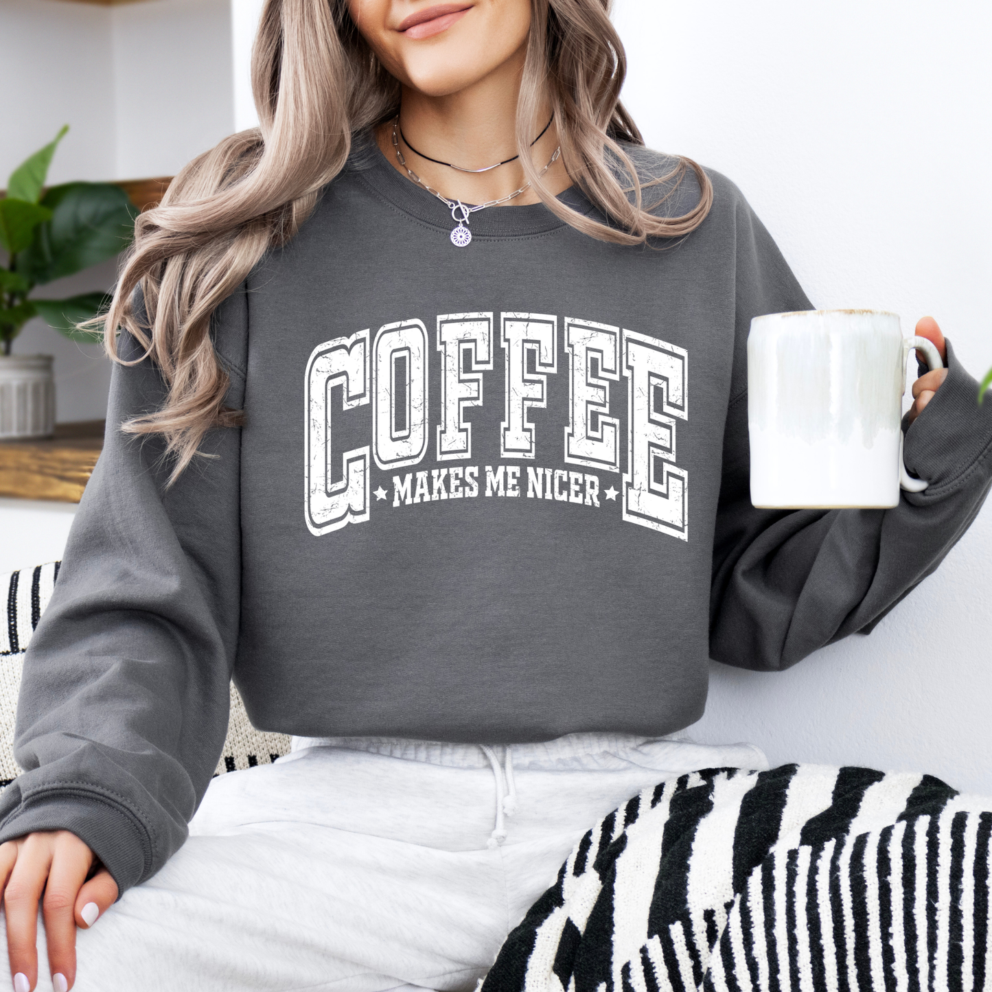 White Coffee Make Me Nicer Graphic Crewneck Sweatshirt