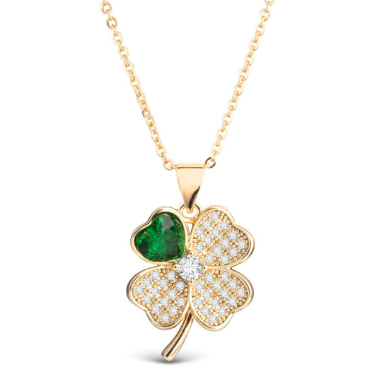 Pave Four Leaf Clover with Green CZ Leaf Necklace -  Gold