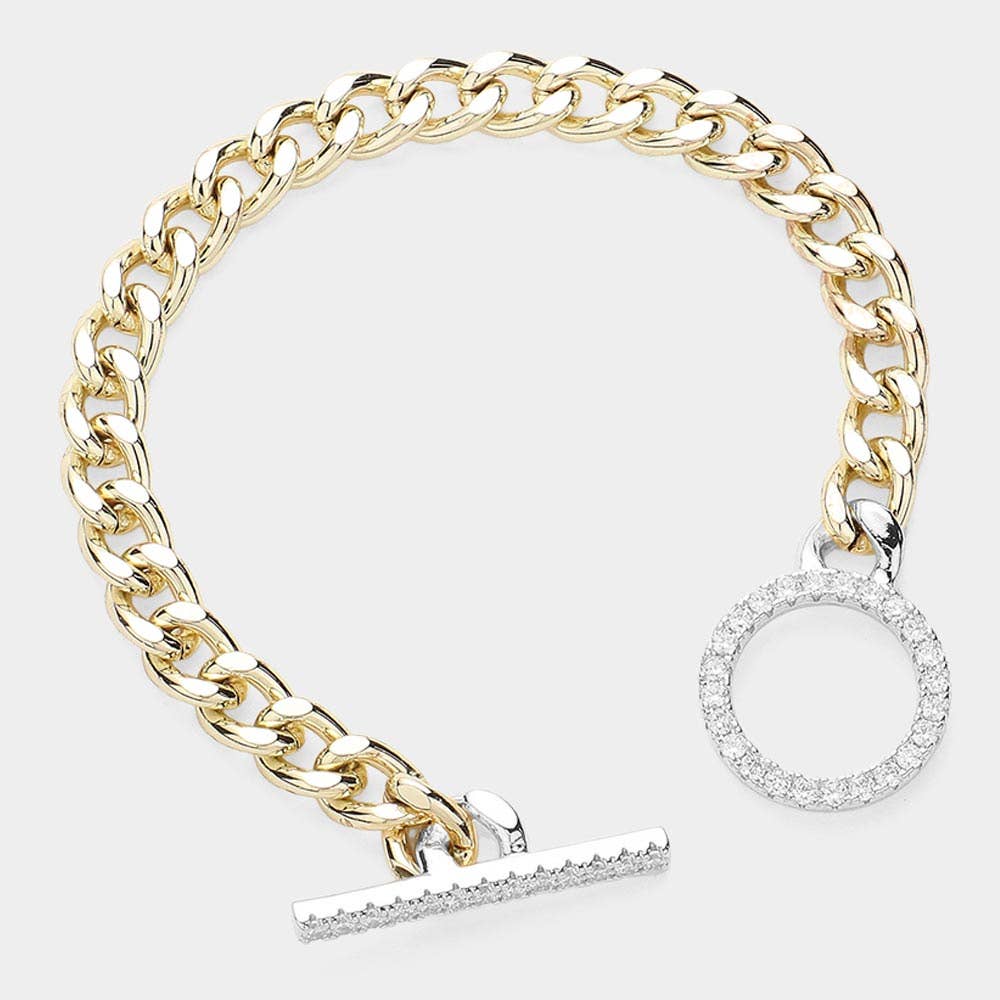 14K Gold Plated Chain CZ Stone Paved Toggle Bracelet