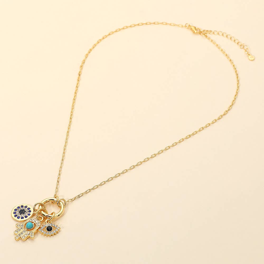 SECRET BOX_Hamsa Hand Evil Eye Round Charm Pendant Necklace