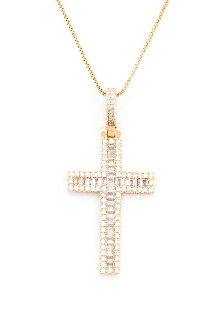 Cross Baguette CZ Pendant Necklace