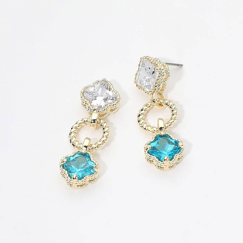14K Gold Plated CZ Quatrefoil Charm Link Drop Earrings