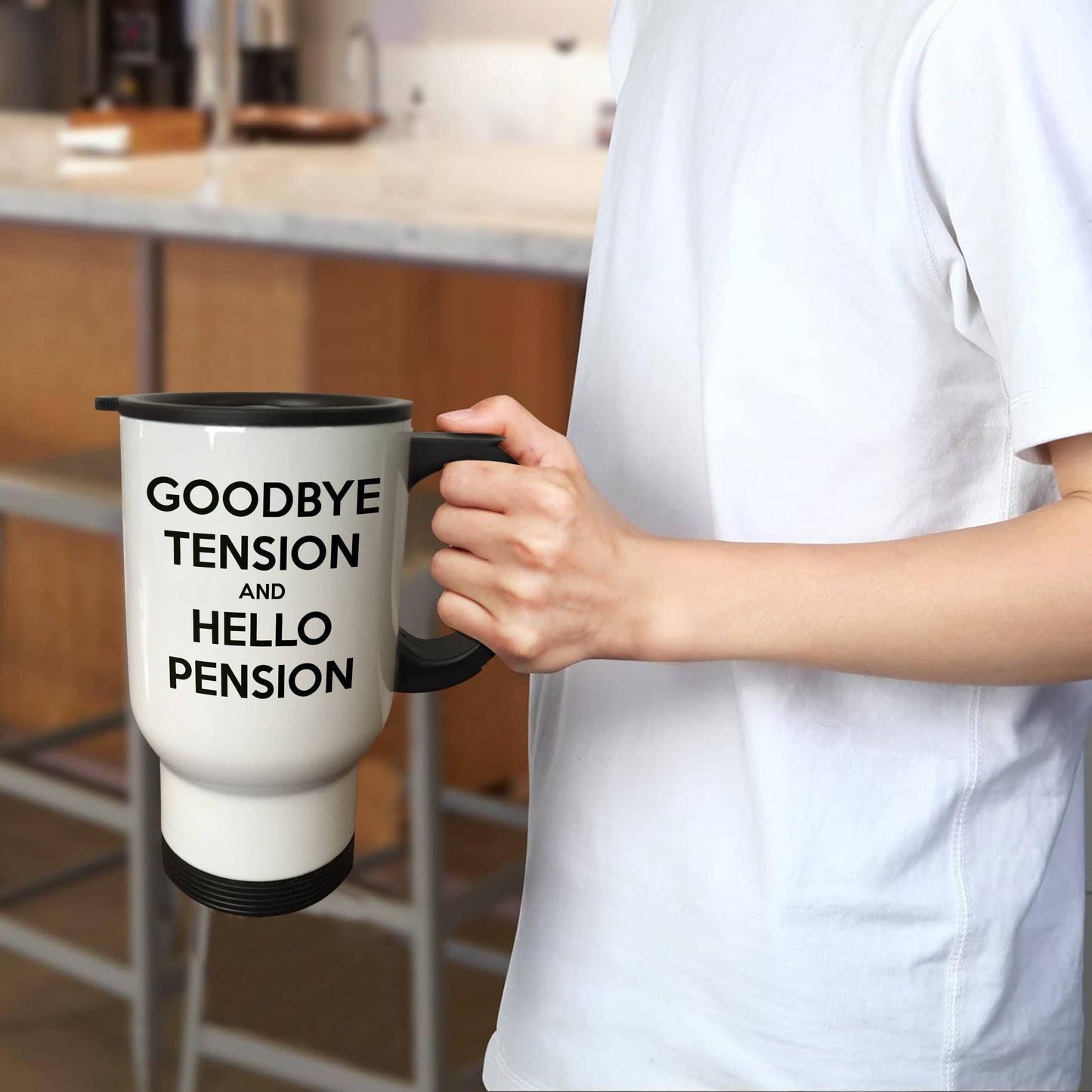 3dRose, Goodbye tension and hello pension. White and Black., Travel Mug