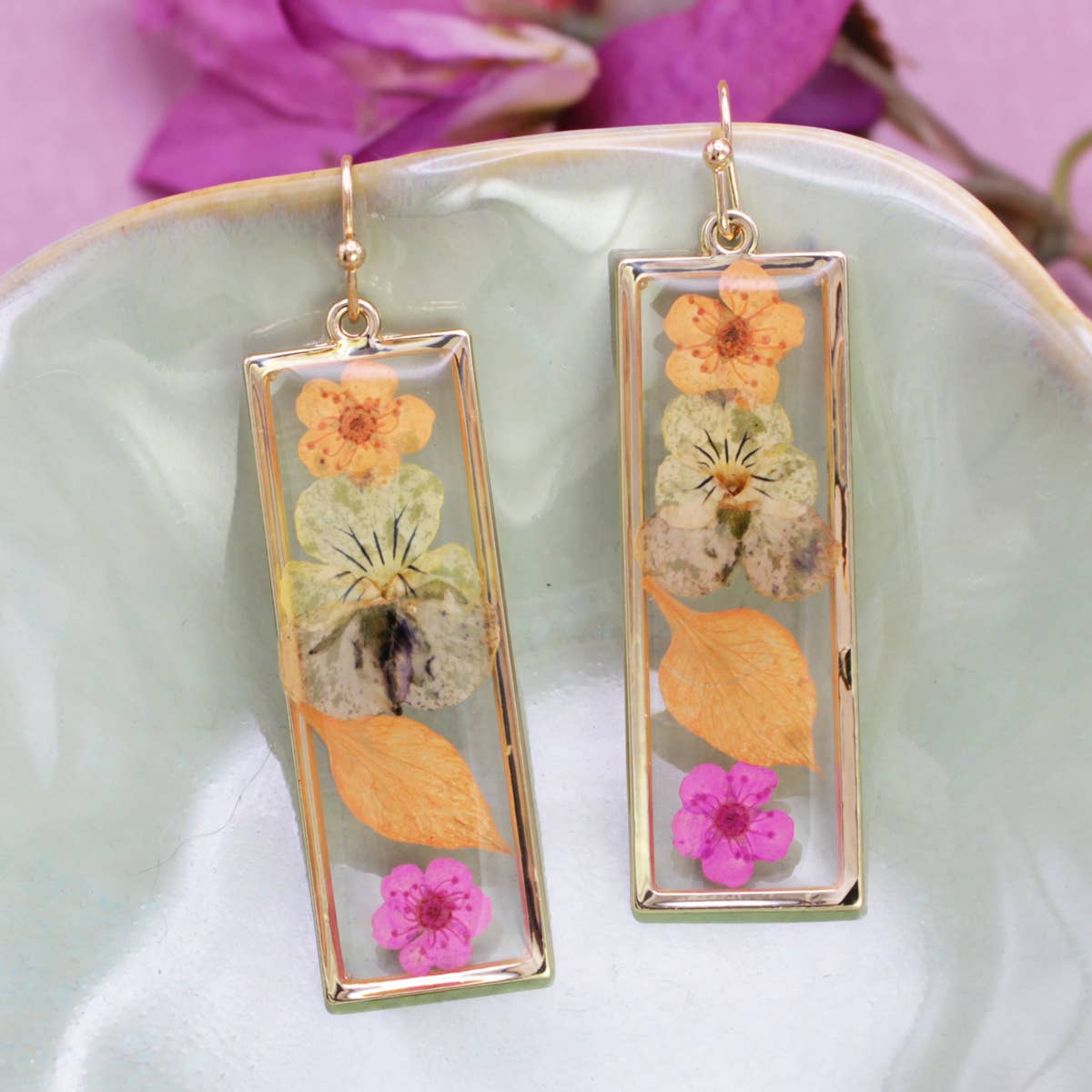Multicolored Dried Flower Gold Bar Earrings
