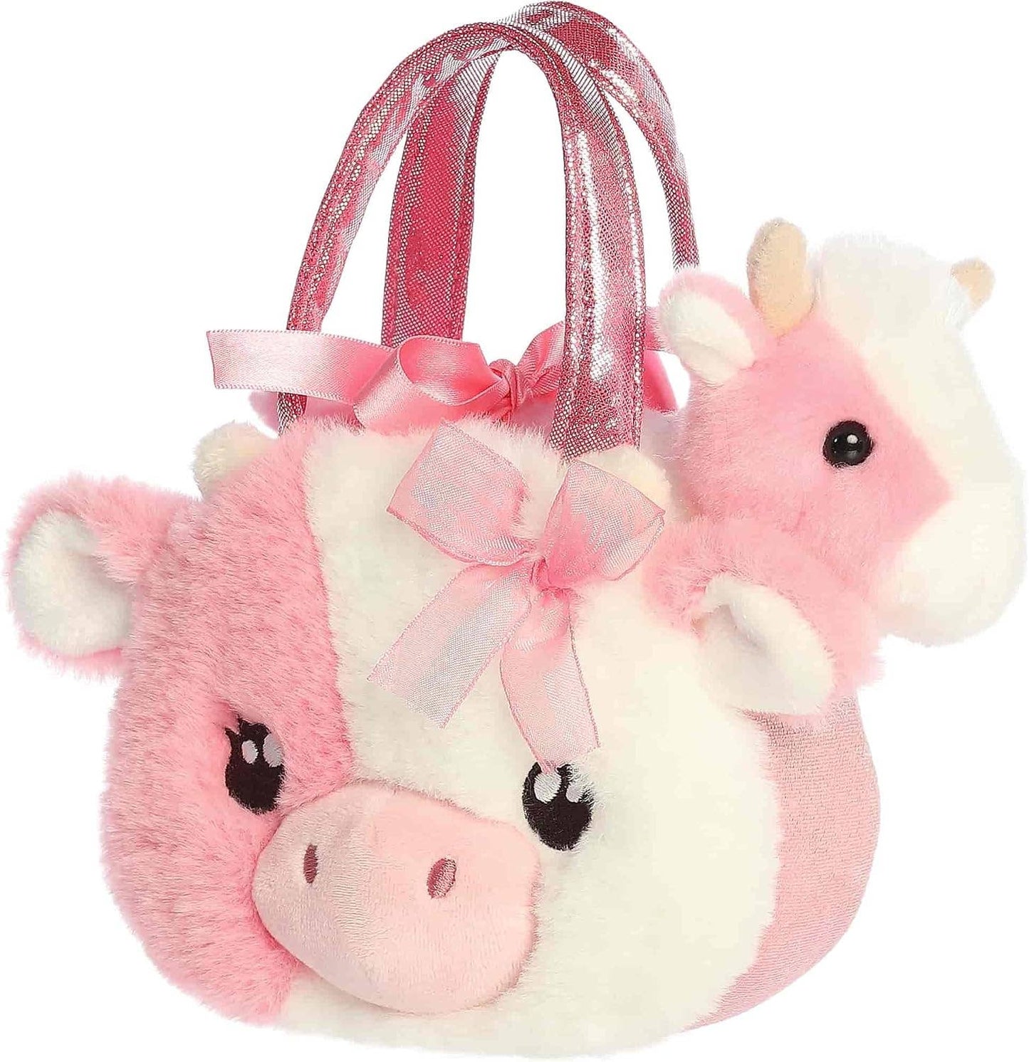 8" Plush Strawberry Cow in Fuzzy Face Purse Carrier