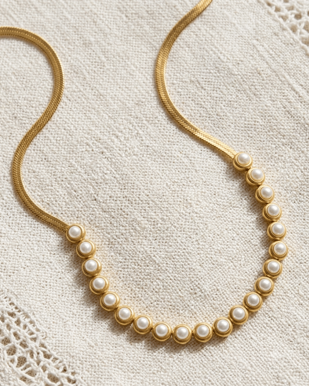 18K Gold Pearl Inlay Choker Adjustable Necklace-W