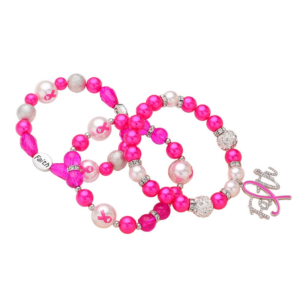3PCS - Paved Pink Ribbon FAITH Charm Shamballa Bracelets