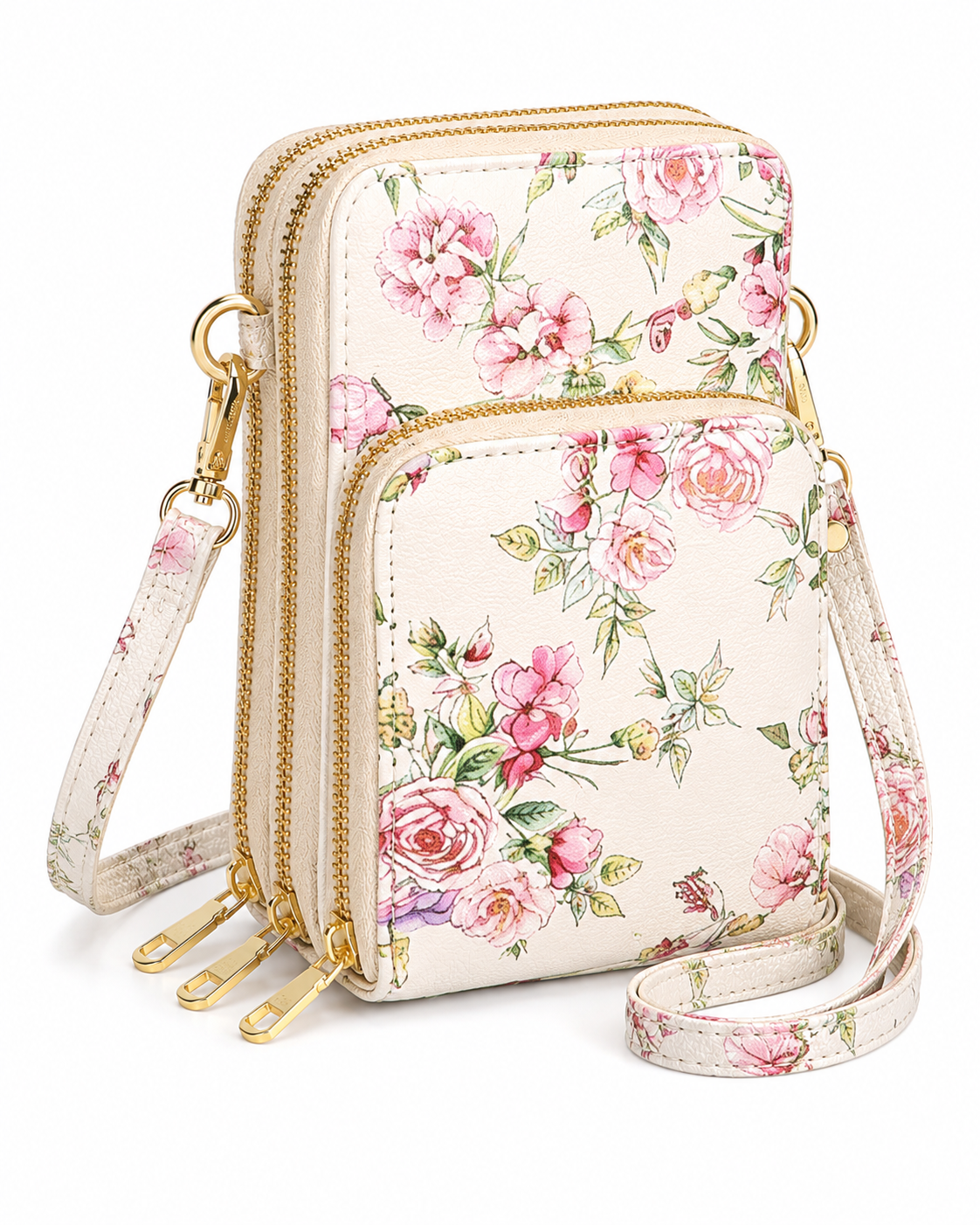 Triple Zip Vegan Leather Crossbody Wallet Bag with Strap