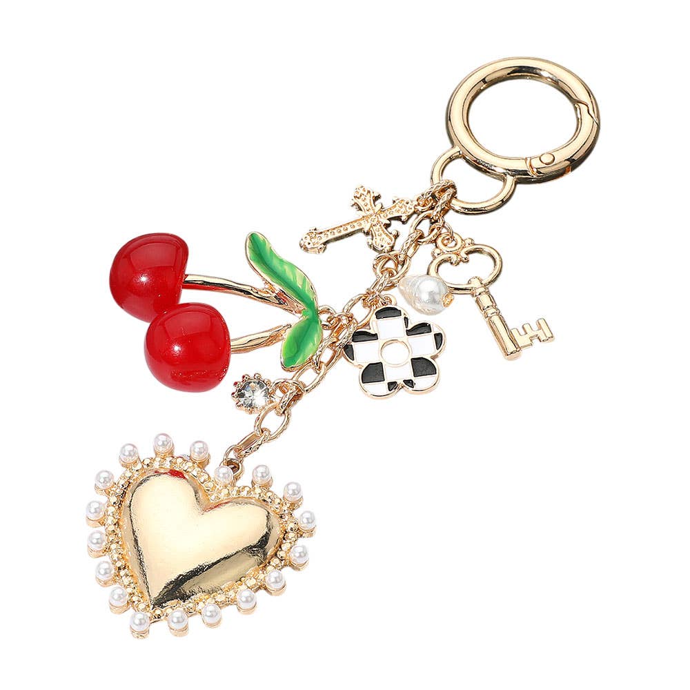 Cherry Pearl Heart Key Cross Flower Charm Embellished Keychain / Bag Charm