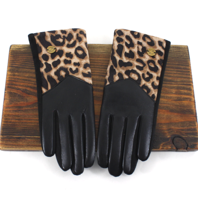 A26002 Faux Leather Leopard Contrast Gloves