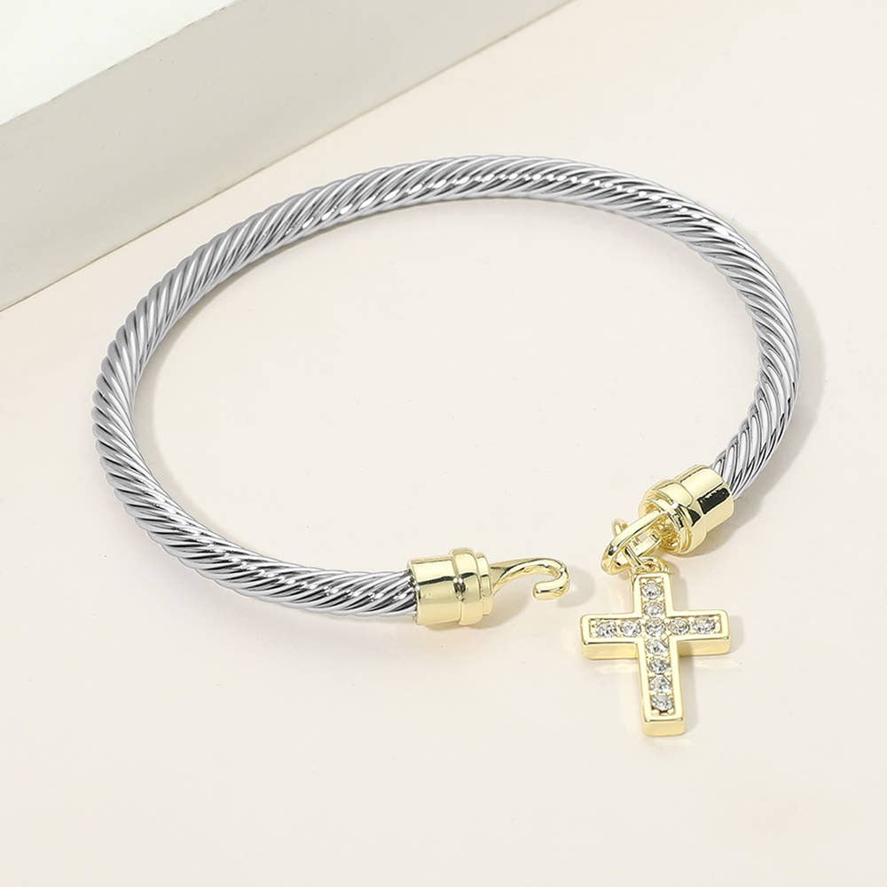CZ Pave Cross Charm Cable Bangle Bracelet