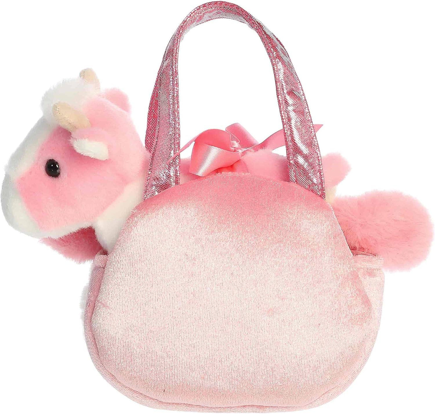 8" Plush Strawberry Cow in Fuzzy Face Purse Carrier