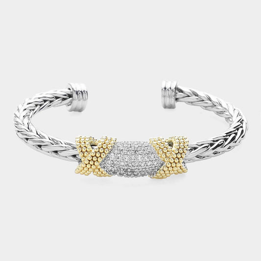 Two Tone CZ Stone Paved Double Crisscross Cuff Bracelet