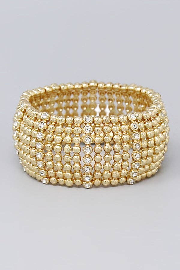 Rhinestone Accent Wide Beaded Metallic Stretch Bracelet