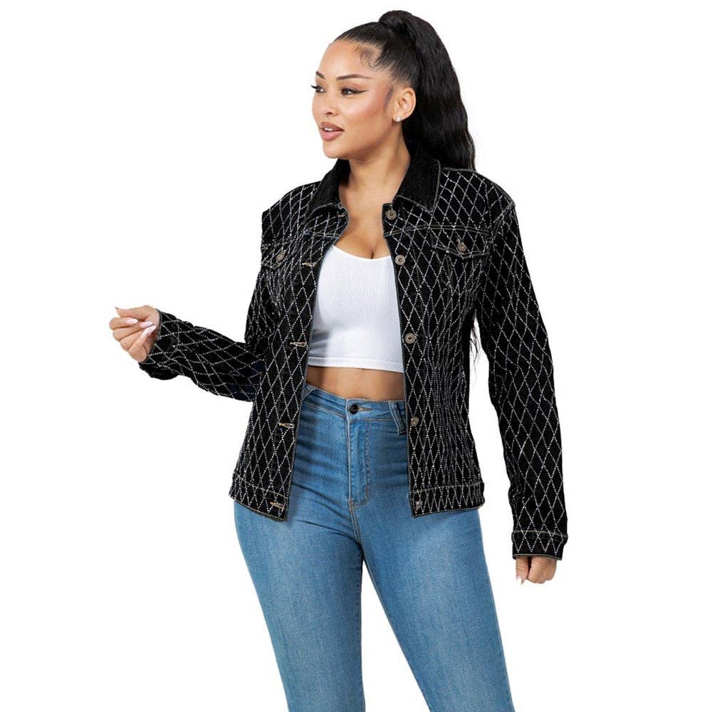 Diamond-Stitched Button-Up Denim Jacket