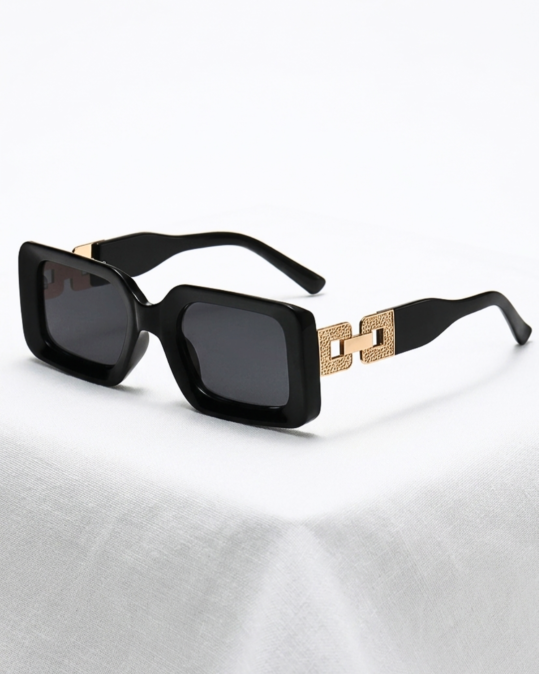 Summer Rectangular Black Frame & Lens Gold Accent Sunglass-W