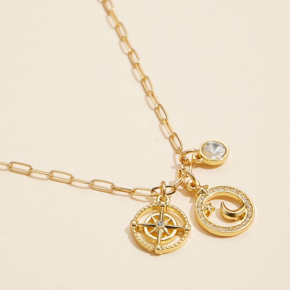 18K Gold Dipped Brass Paved Star Moon Chain Charm Necklace